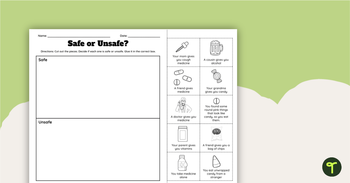 Safe vs Unsafe Worksheet - Red Ribbon Week teaching resource