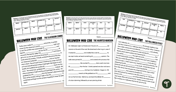 Go to Halloween Funny Fill-Ins Worksheet Pack teaching resource