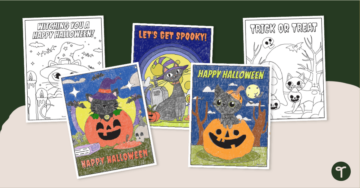 Halloween Cat Colouring Pages teaching resource