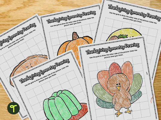 Thanksgiving Symmetry Drawing Worksheets teaching resource