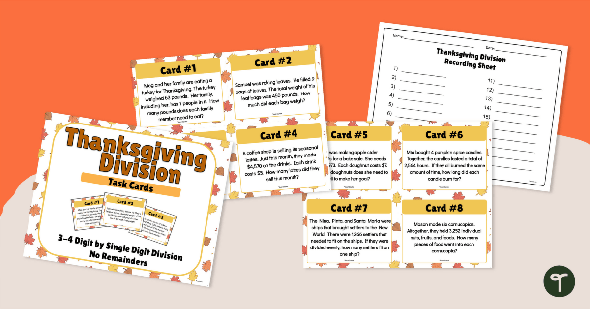 Thanksgiving Word Problems - 3 and 4-Digit Division Task Cards teaching resource