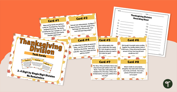 Go to Thanksgiving Word Problems - 3 and 4-Digit Division Task Cards teaching resource