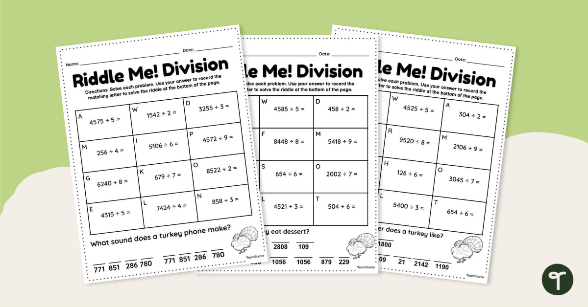 Thanksgiving Math Riddles Worksheets - 4-Digit Division teaching resource