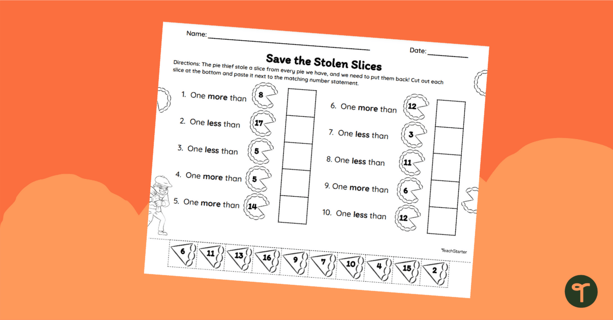 One More & Less Worksheet - Thanksgiving Math teaching resource