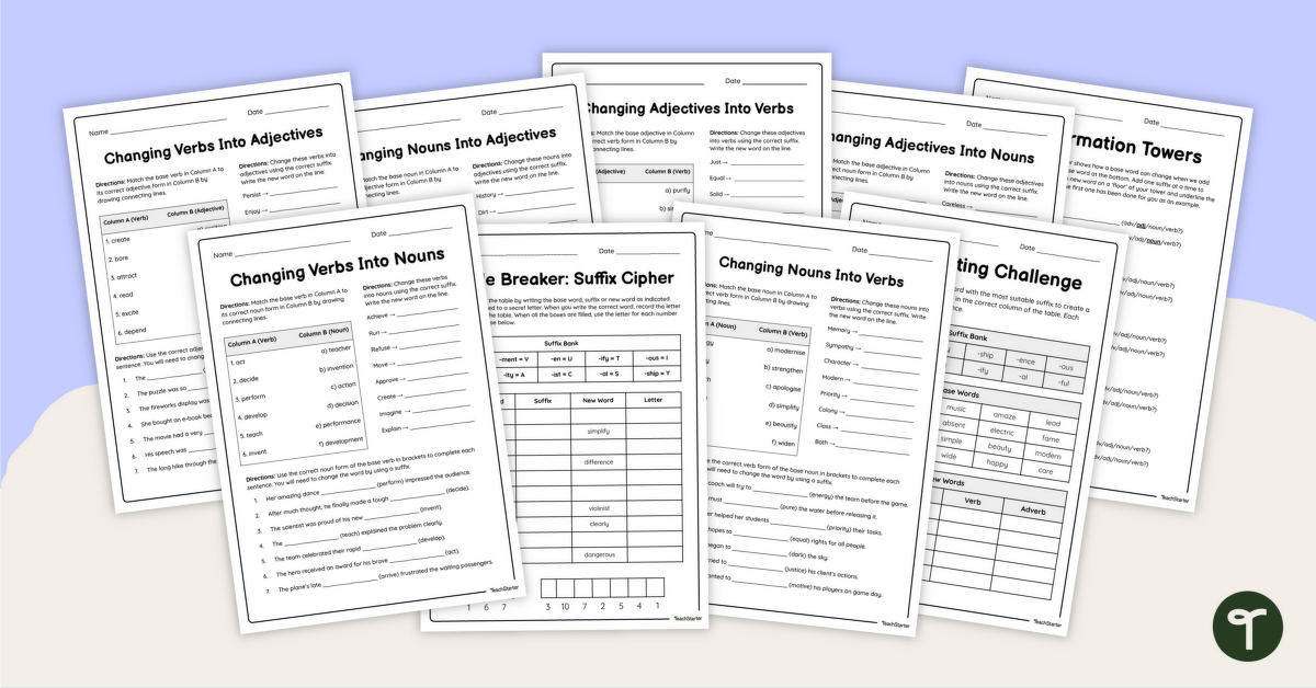 Derivational Suffix Worksheet Pack teaching resource