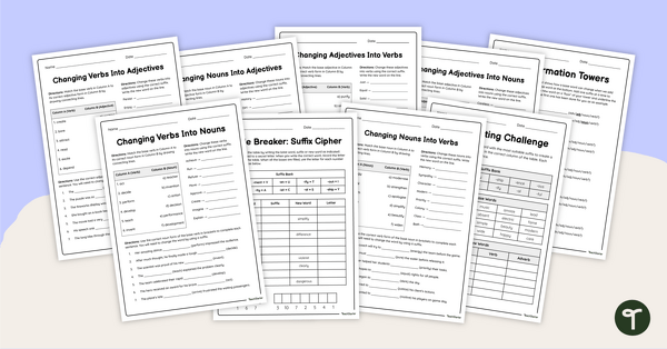 Go to Derivational Suffix Worksheet Pack teaching resource