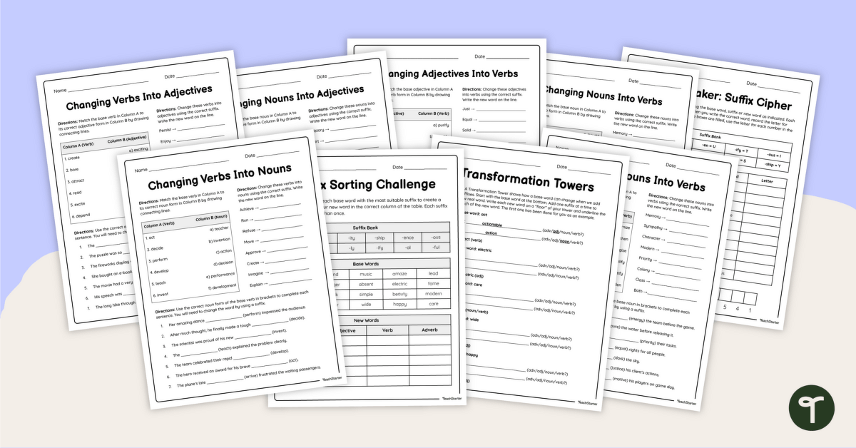 Derivational Suffix Worksheet Pack teaching resource