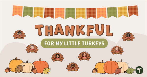 Go to Turkey Bulletin Board Kit - Thankful For My Little Turkeys teaching resource