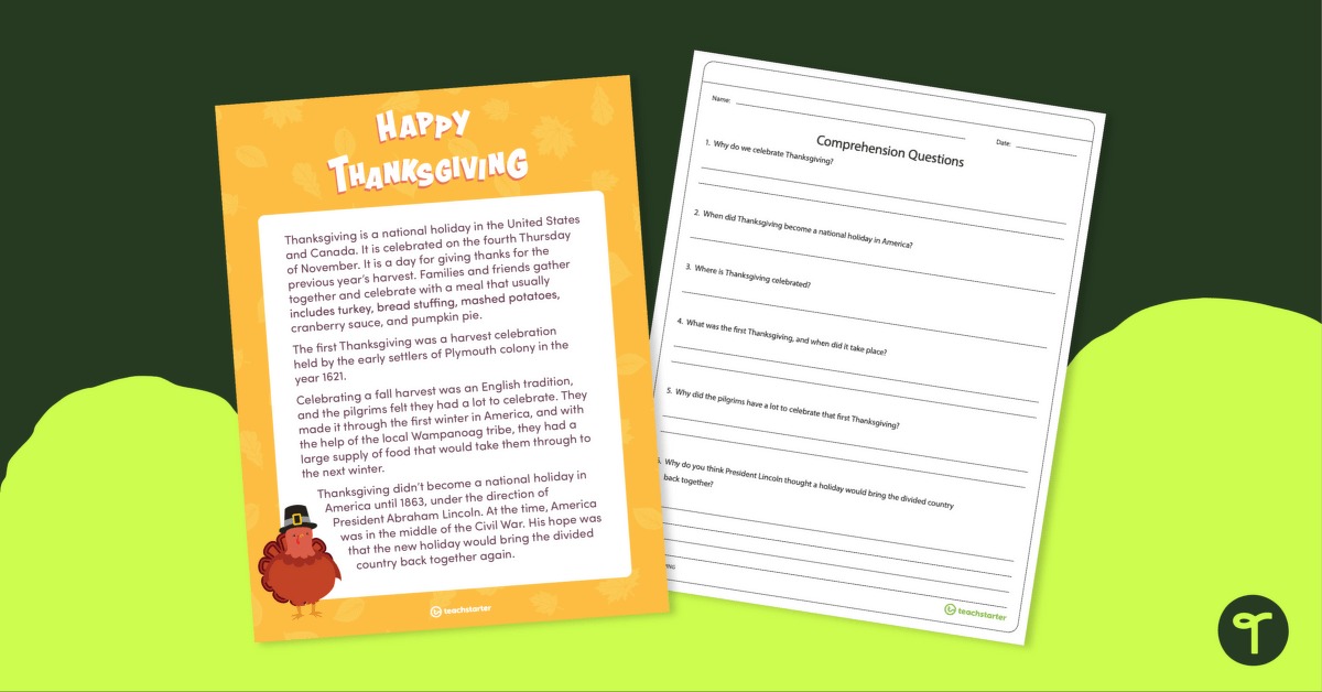 Thanksgiving Reading Comprehension Practice (3rd Grade) teaching resource