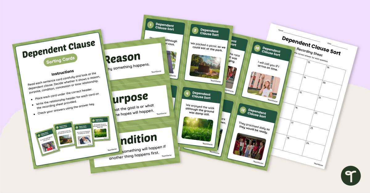 Types of Dependent Clauses Sorting Activity teaching resource