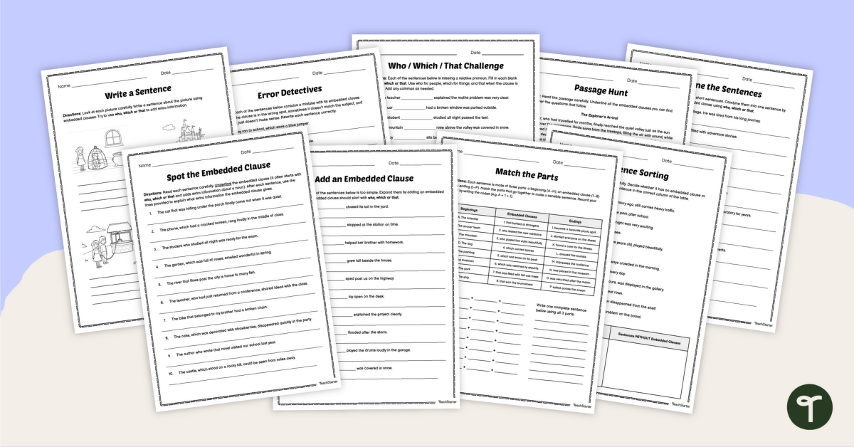 Embedded Clause Worksheets teaching resource