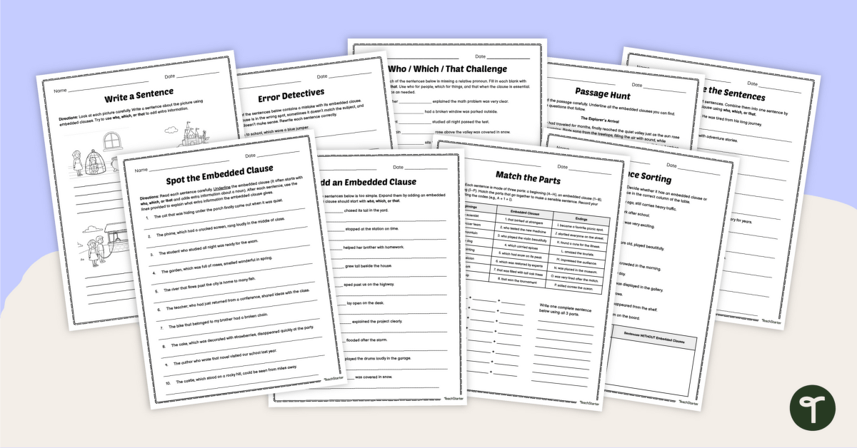 Embedded Clause Worksheets teaching resource