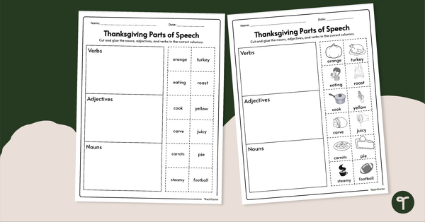 Go to Thanksgiving Grammar Worksheets - Parts of Speech Cut and Paste teaching resource