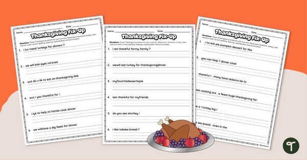 Go to Sentence Editing - Thanksgiving ELA Worksheets teaching resource