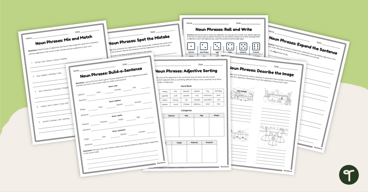 Noun Phrases Worksheet Pack teaching resource