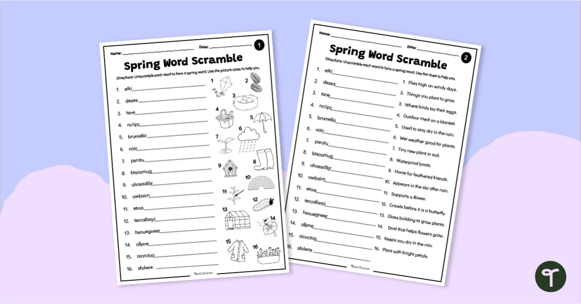 Spring Word Scramble Worksheets teaching resource