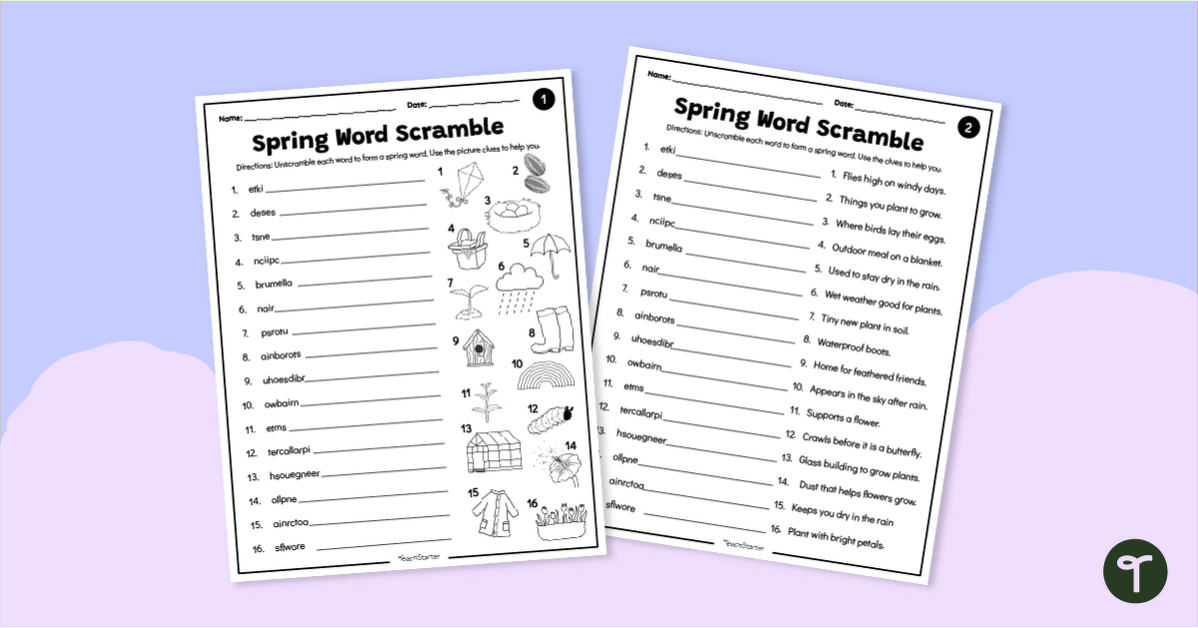 Spring Word Scramble Worksheets teaching resource