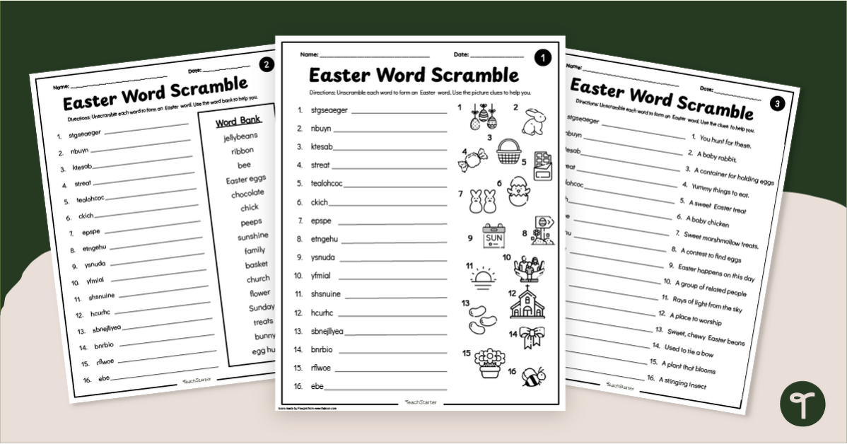 Easter Word Scramble Worksheets teaching resource