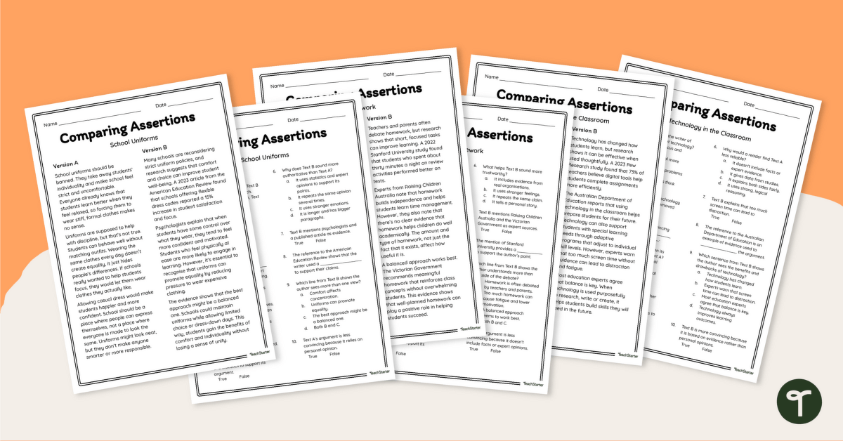 Comparing Assertions Worksheet Pack teaching resource