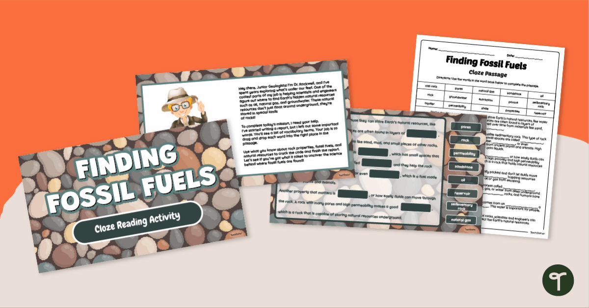 Rocks & Fossil Fuels - Cloze Reading Activity Pack teaching resource