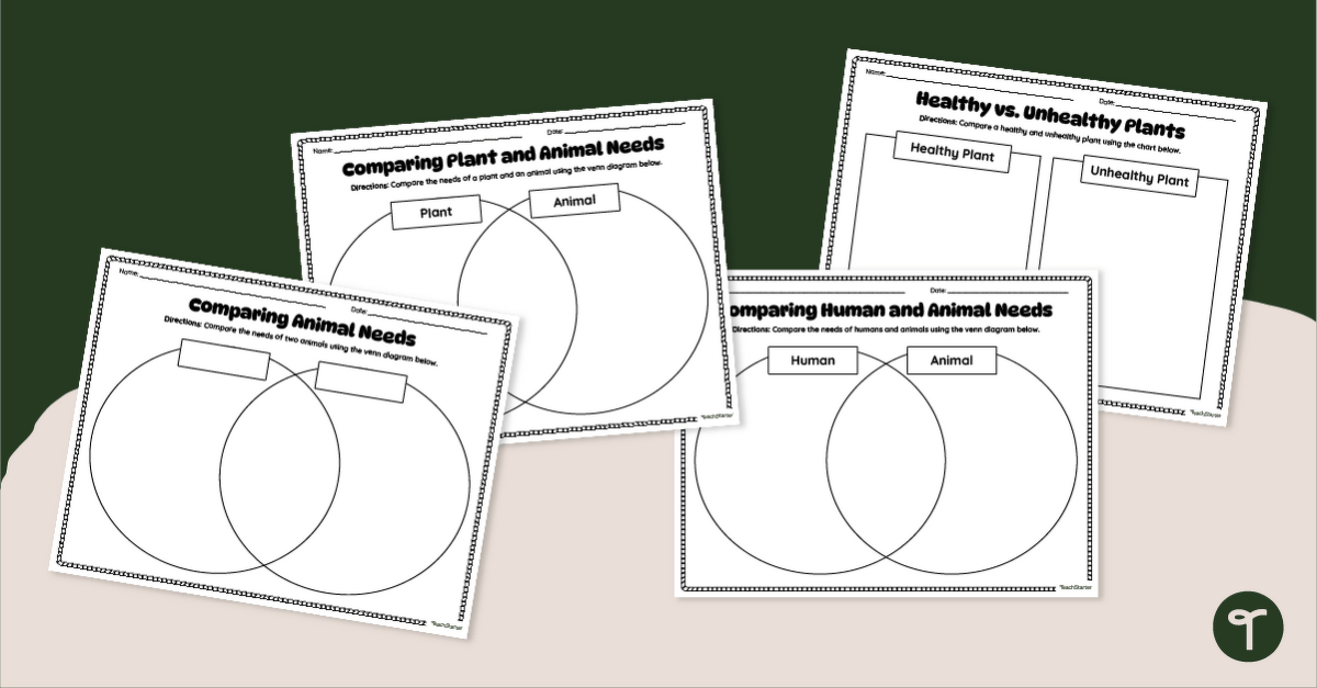 Comparing Plant and Animal Needs Venn Diagram Worksheets teaching resource