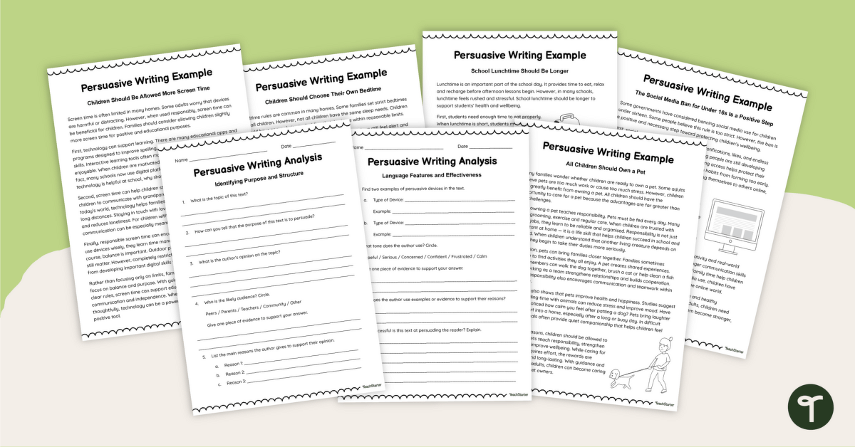 Persuasive Writing Examples and Analysis Worksheet teaching resource