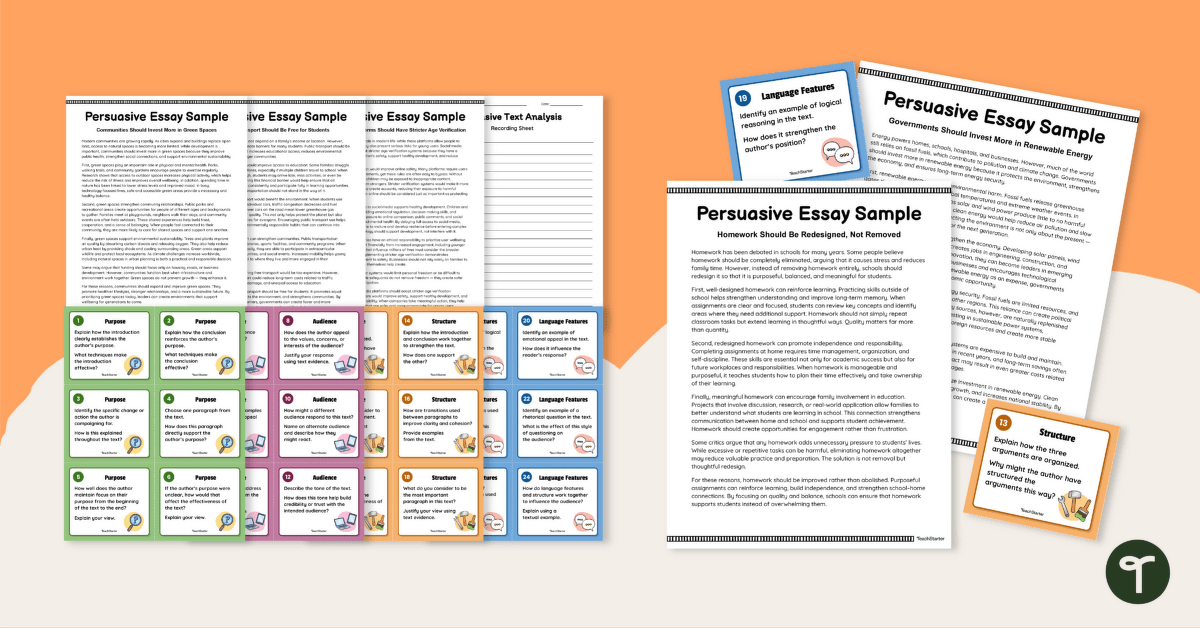 Persuasive Essay Examples with Analysis Task Cards teaching resource