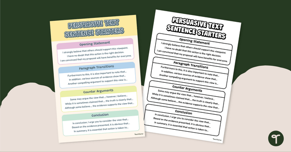 Go to Sentence Starters for Persuasive Writing Poster teaching resource