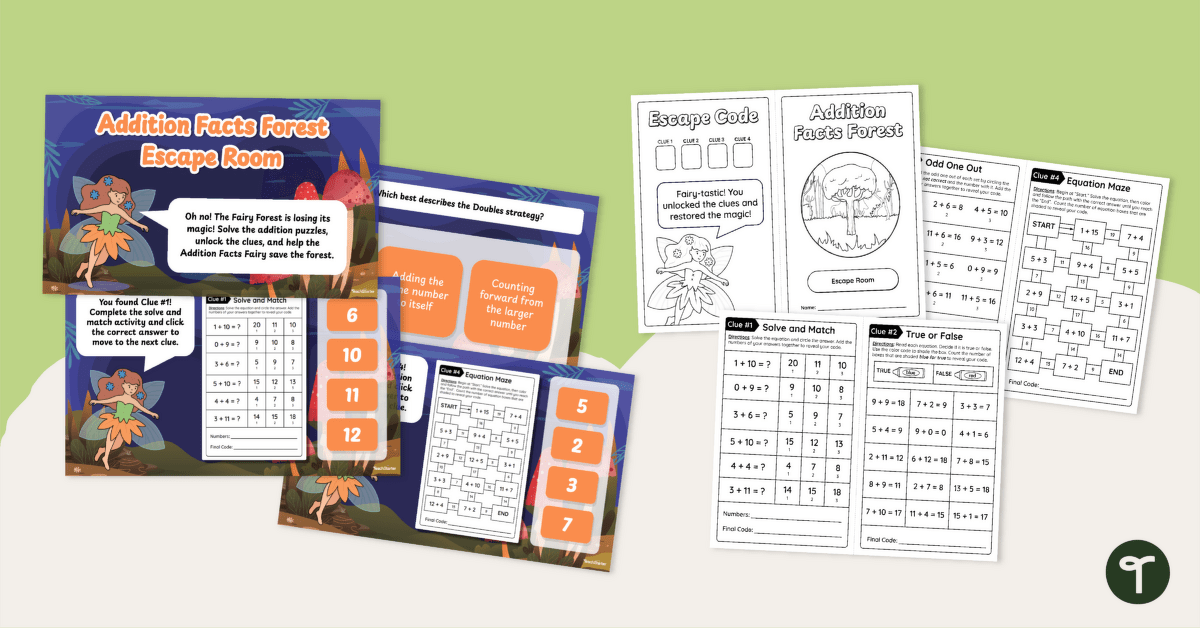 Addition Fact Practice: Numbers to 20 Escape Room teaching resource