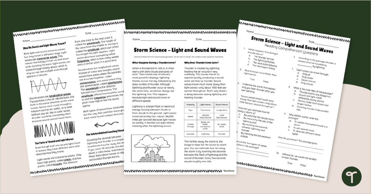 Light and Sound Waves - Reading Comprehension Worksheet teaching resource