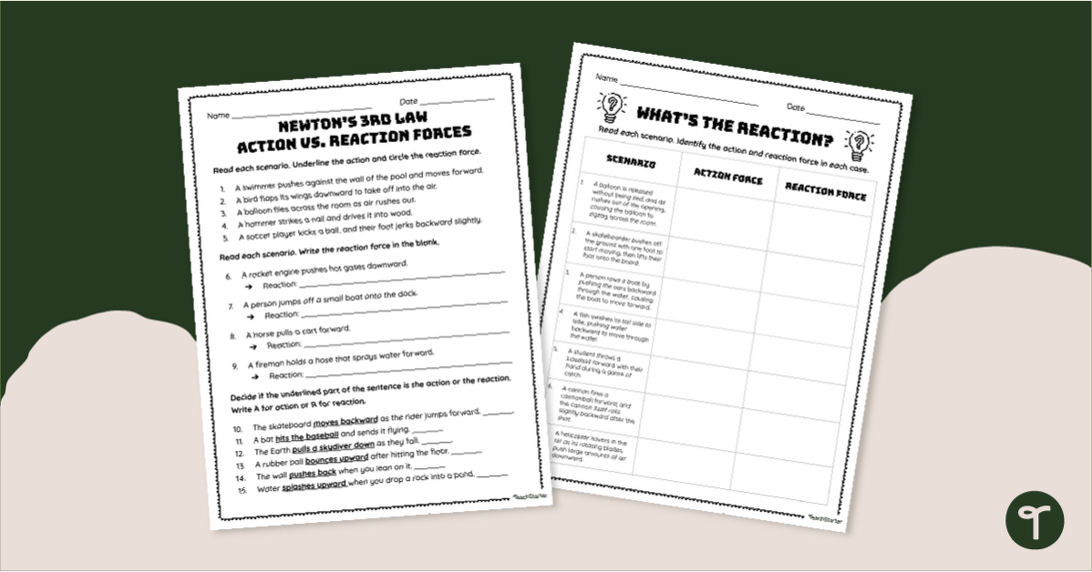 Action vs. Reaction Force Worksheet Pack teaching resource