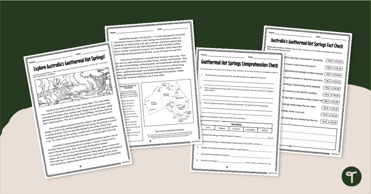 Exploring Australia’s Geothermal Hot Springs Worksheet Pack teaching resource