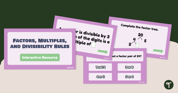 Go to Factors, Multiples and Divisibility Rules Interactive Task Cards teaching resource