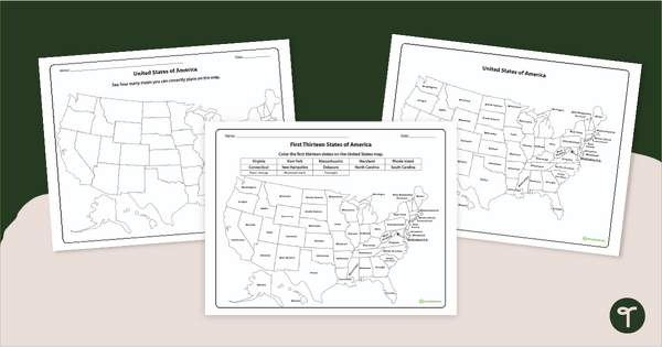 Go to Printable United States Map Worksheets - 13 Colonies and 50 States teaching resource