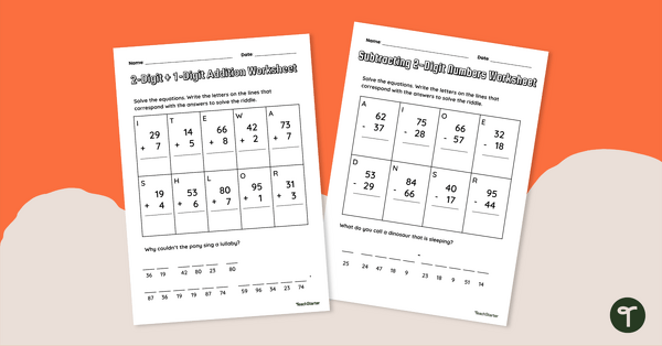 Go to Adding and Subtracting 2-Digit Numbers Worksheet Pack teaching resource