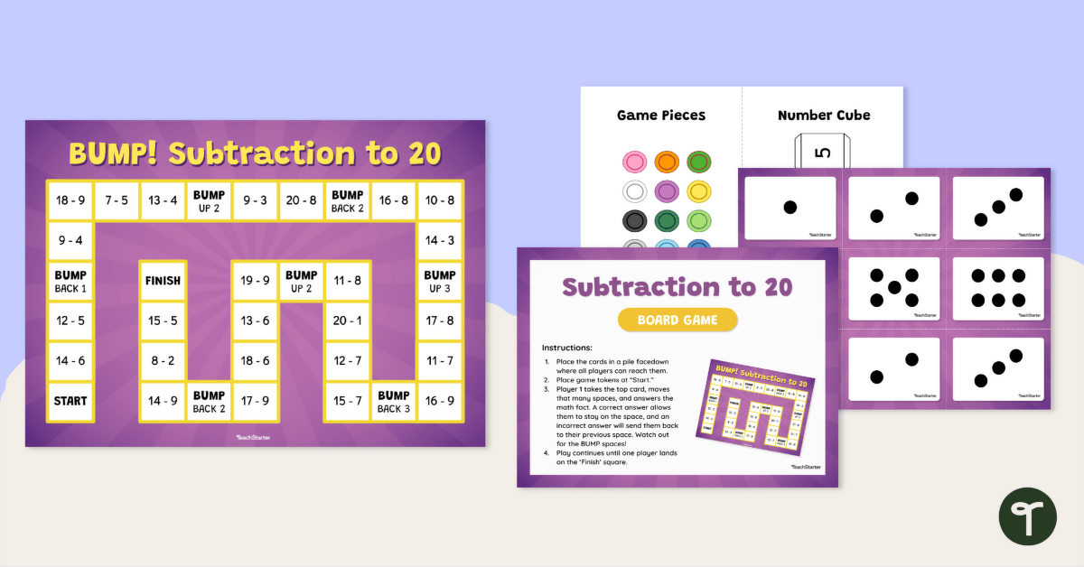Bump! Subtraction to 20 Board Game teaching resource
