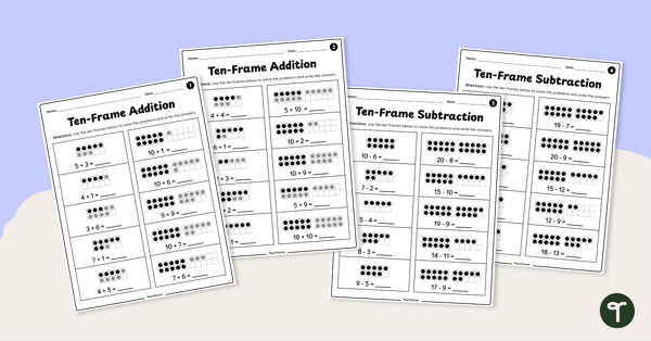 Go to Addition and Subtraction with Ten Frames Worksheet Pack teaching resource