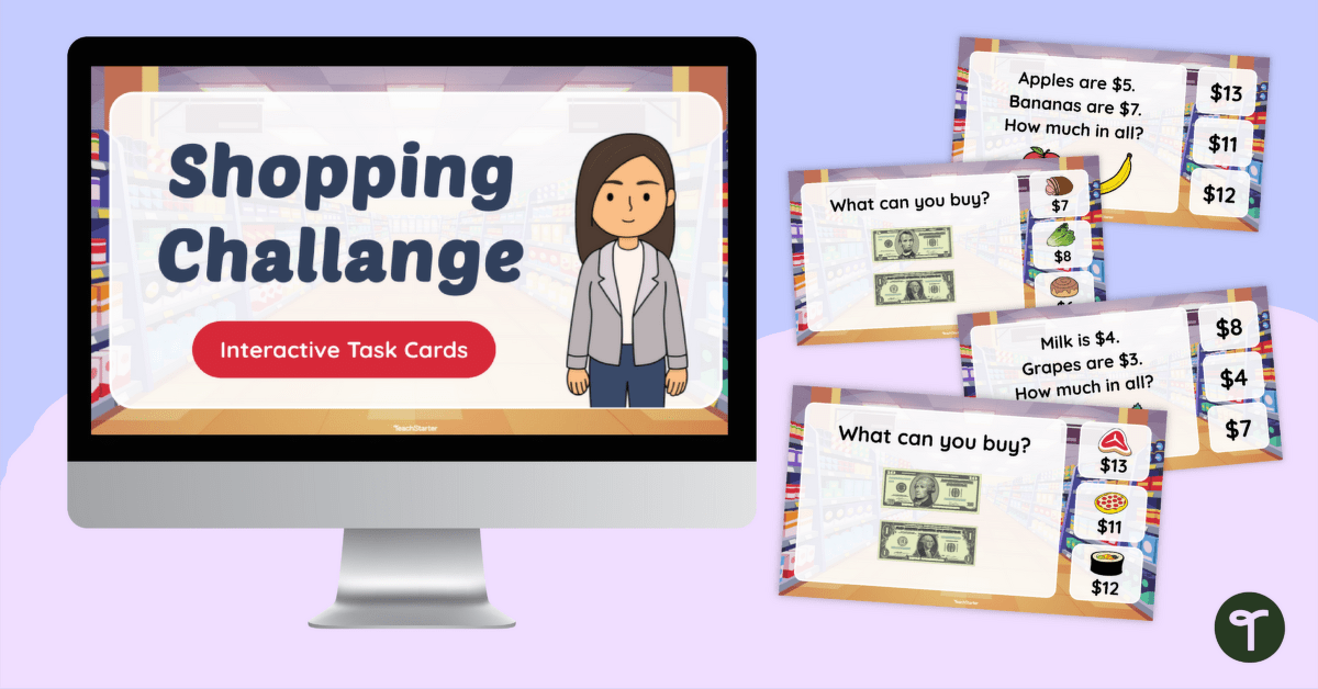 Adding with Money - Shopping Challenge Interactive Task Cards teaching resource