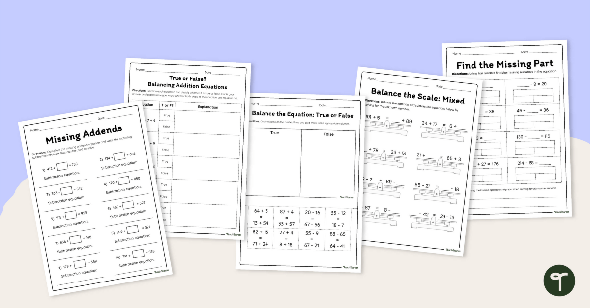 Balancing Addition and Subtraction Equations Worksheet Pack teaching resource