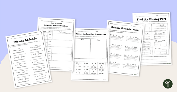 Go to Balancing Addition and Subtraction Equations Worksheet Pack teaching resource