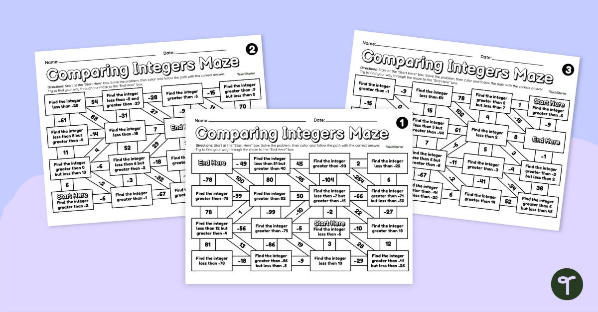 Comparing Integers – Math Mazes teaching resource