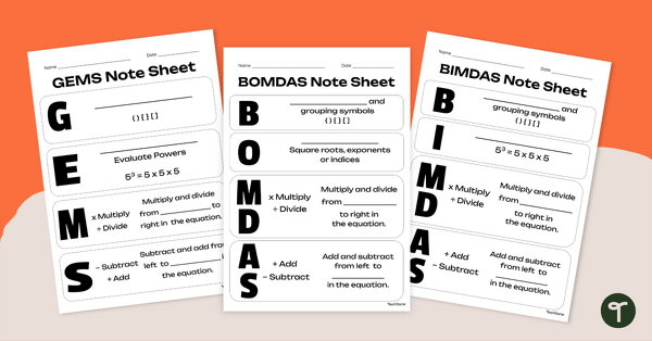 Go to BIMDAS, BOMDAS and GEMS — Order of Operations Note Sheets teaching resource