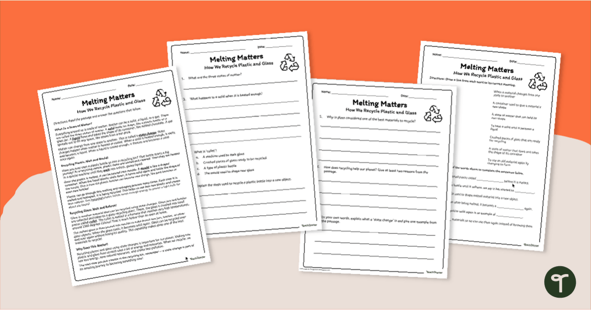 Recycling Plastic and Glass Worksheet Pack teaching resource
