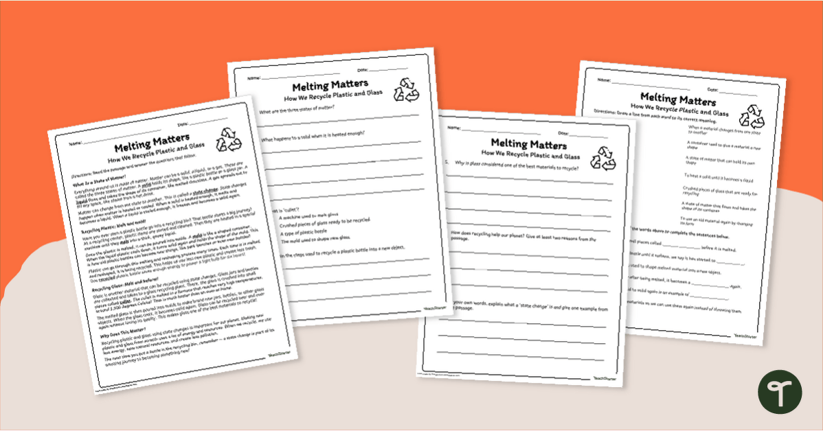 Recycling Plastic and Glass Worksheet Pack teaching resource