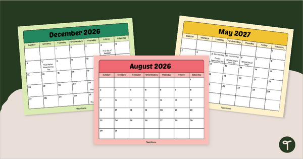 Go to Printable 2026 Calendar with Holidays and School Events teaching resource