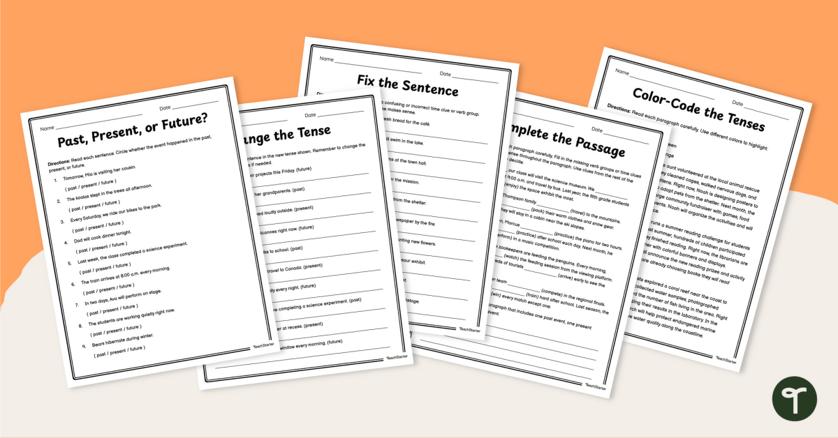 Verb Tense Consistency Worksheet Pack teaching resource