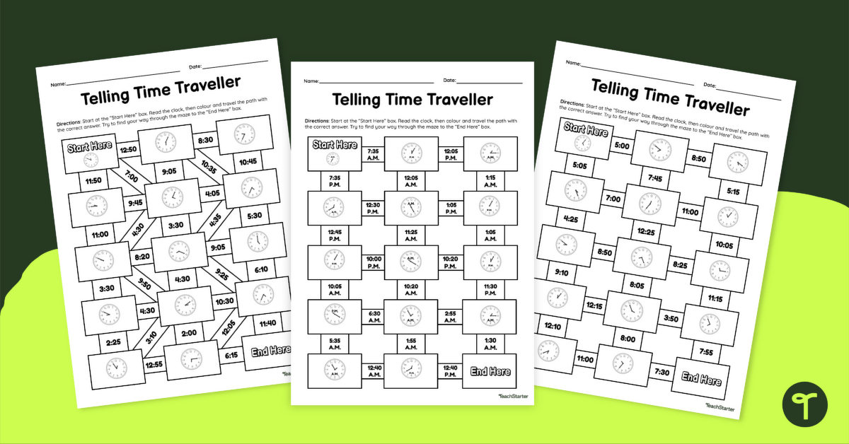 Telling Time Maths Mazes - 5 Minutes teaching resource