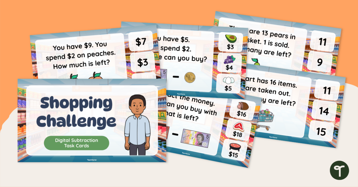 Subtracting with Money - Shopping Challenge Interactive Task Cards teaching resource