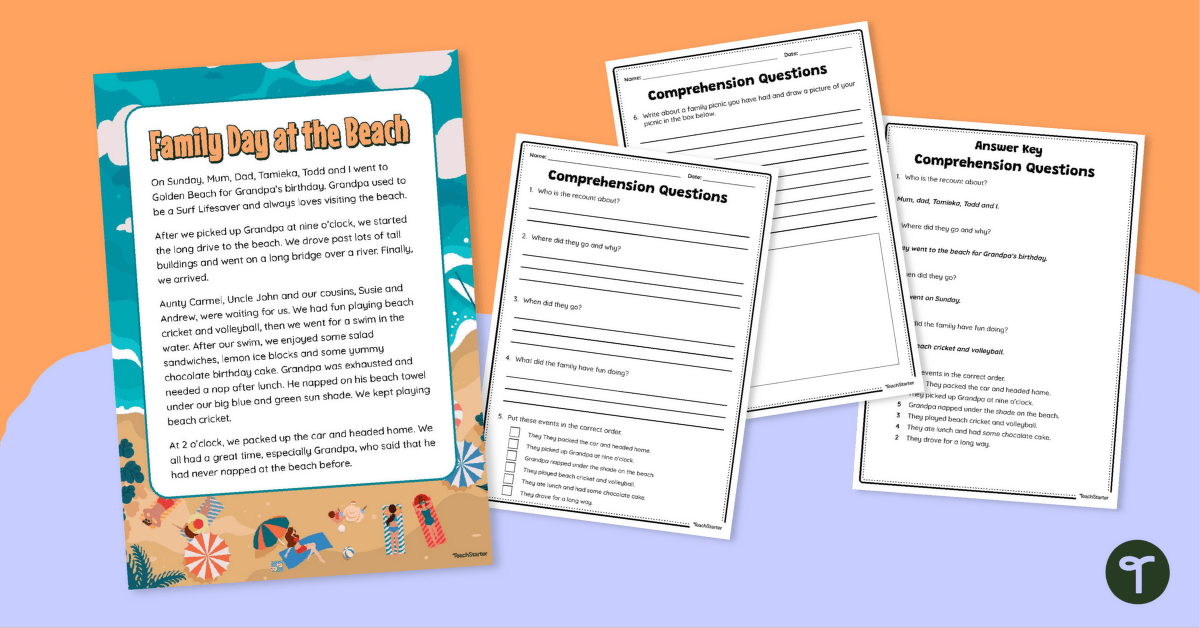 Family Day At The Beach - Comprehension Task teaching resource