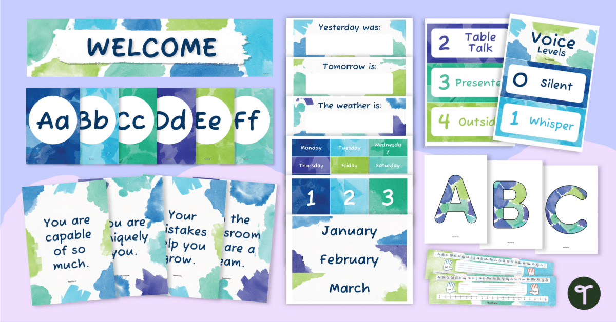 Calming Watercolor Classroom Decor Bundle teaching resource